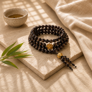 108-Bead Agarwood Bracelet with a Gold Four-Leaf Clover Charm