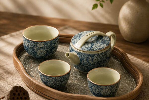Handcrafted artisan spiritual products on a wooden surface with incense and tea set