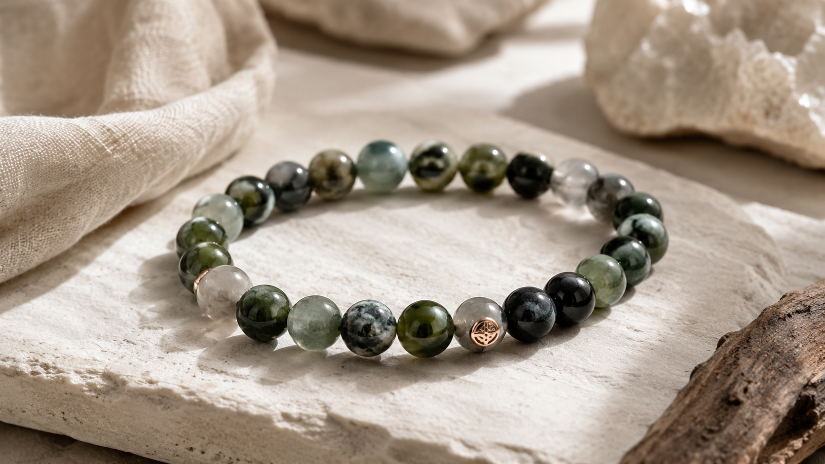 Close-up of a handcrafted gemstone bead bracelet on a wooden tray