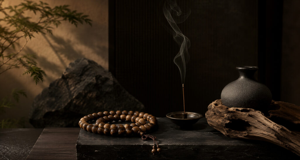 Stacked natural stone jewelry, agarwood bracelet and tea set arranged on linen by a premium spiritual lifestyle brand