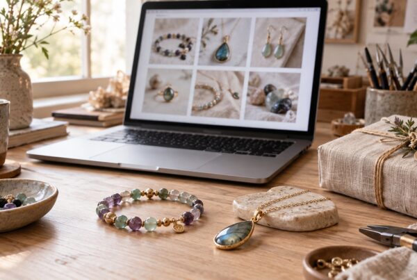 Artisan gemstone jewelry online displayed beside a laptop in a calm maker studio