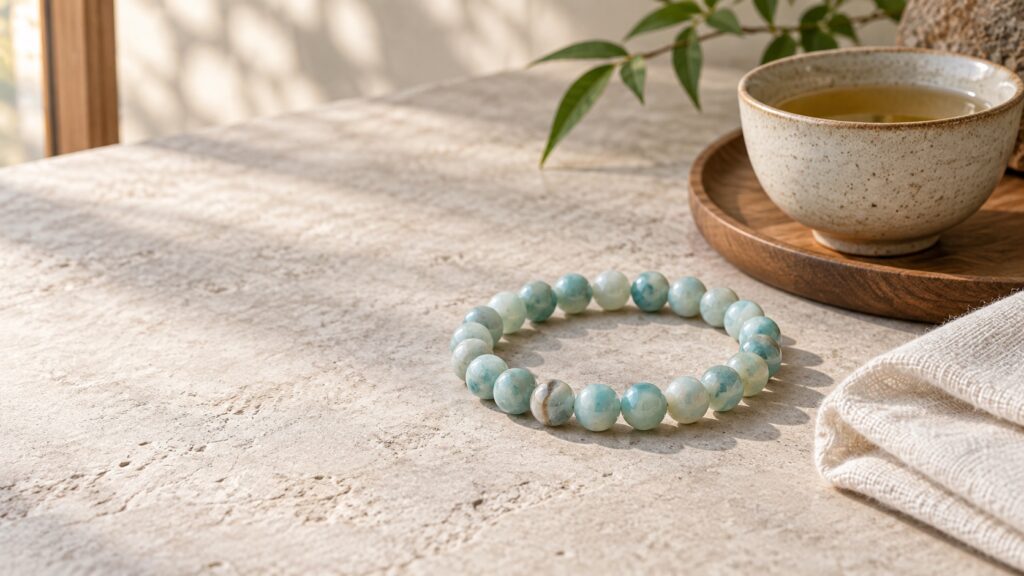 Calming stone bracelet with pale blue-green beads beside tea and ivory linen