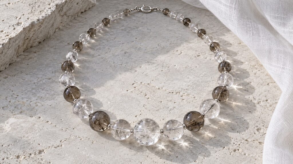 Crystal necklace of clear quartz and smoky crystal beads in natural daylight