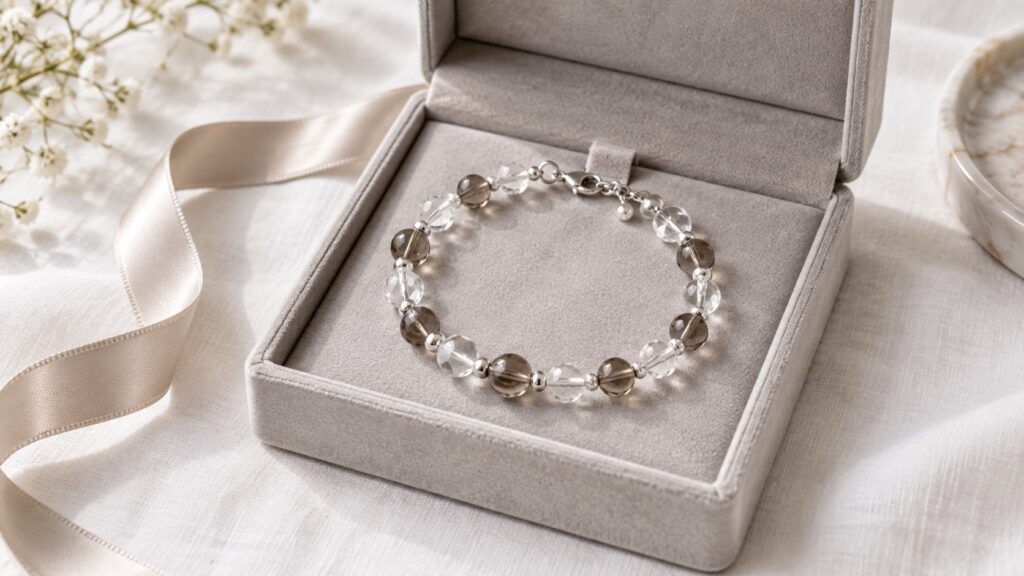 Elegant crystal bracelet gift with clear and smoky beads in a dove-gray jewelry box