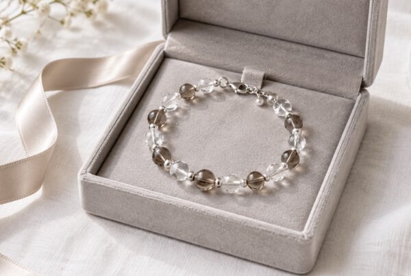 Elegant crystal bracelet gift with clear and smoky beads in a dove-gray jewelry box