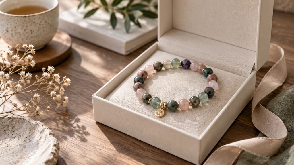 Gemstone bracelet gift presented in an ivory linen jewelry box