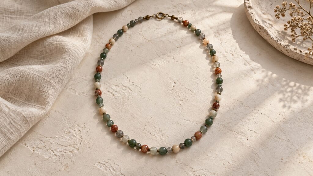 Gemstone necklace with green, smoky, cream, and muted rust beads on pale plaster