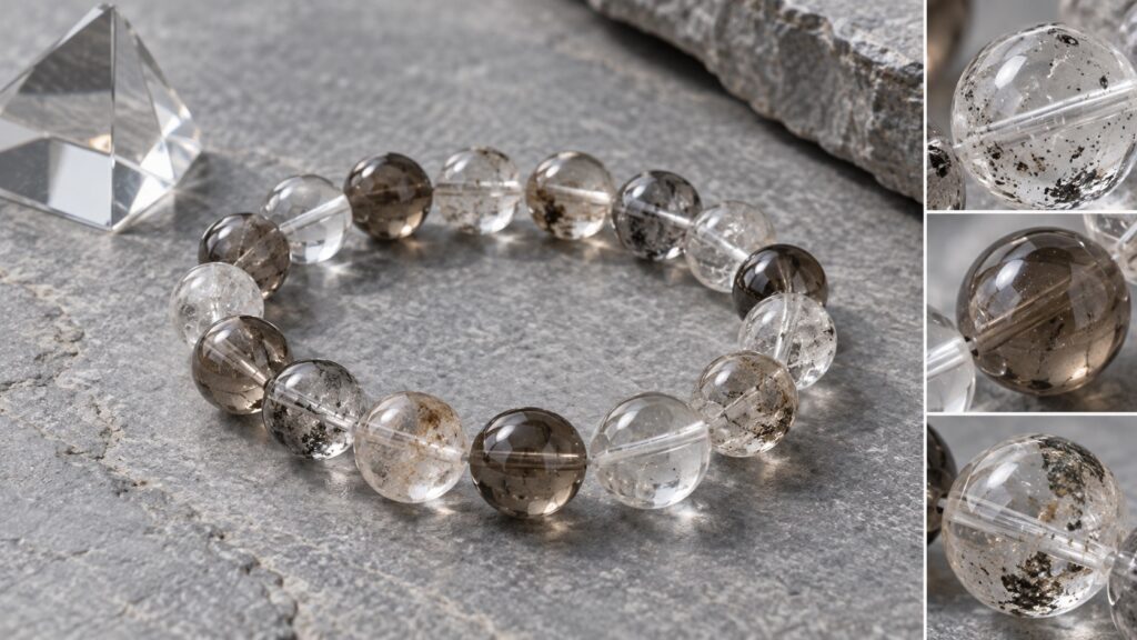 Genuine crystal bead bracelet with clear and smoky included beads shown in close detail