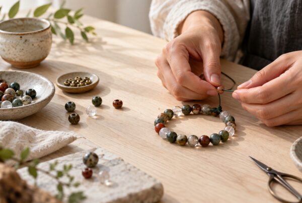Artisan making a handmade gemstone bracelet on a pale wood workbench