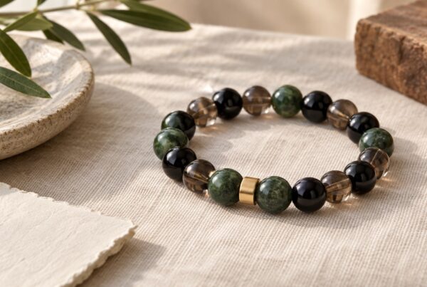 Luxury natural gemstone bracelet with green, black, and smoky polished beads