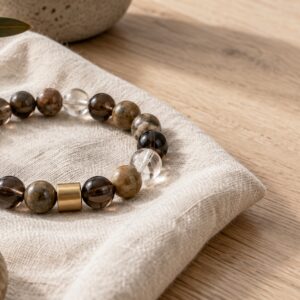 Natural stone bracelet arranged on ivory linen in soft window light