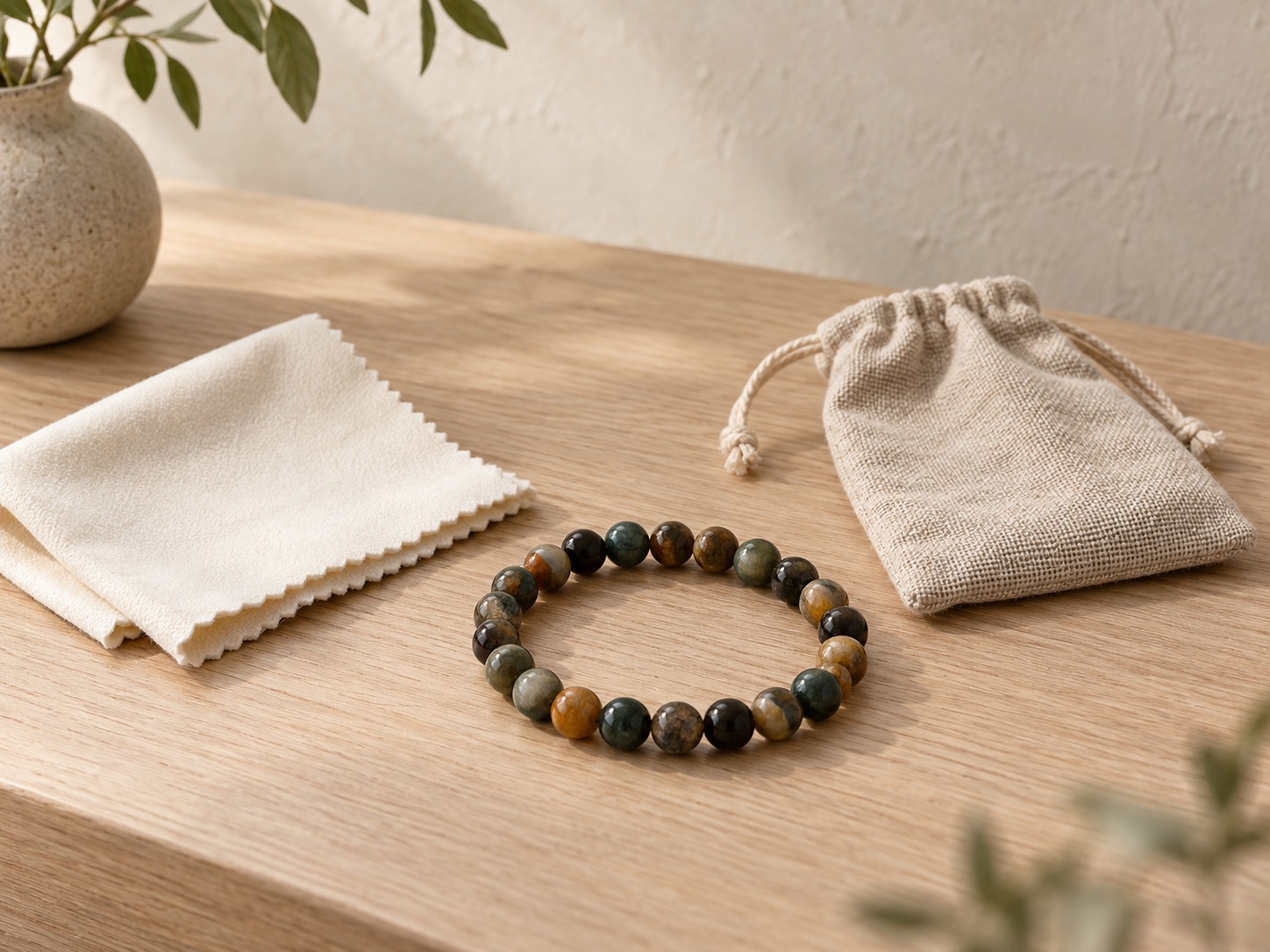 Natural stone bracelet beside a soft cloth and linen storage pouch