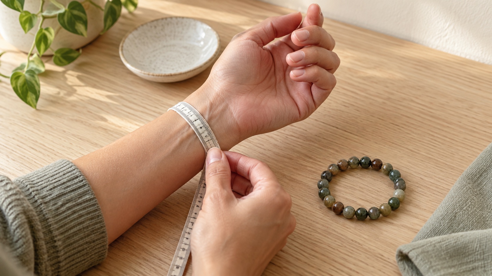 Wrist measured with a soft tape beside a natural stone bracelet