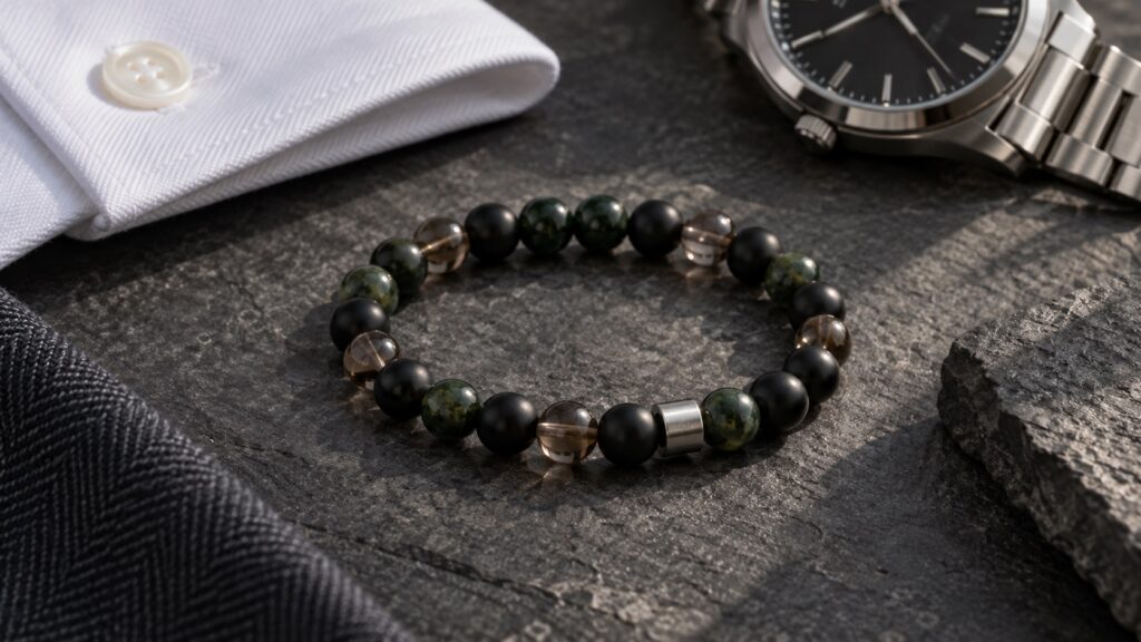 Premium gemstone bracelet for men with black, smoky, and deep green beads