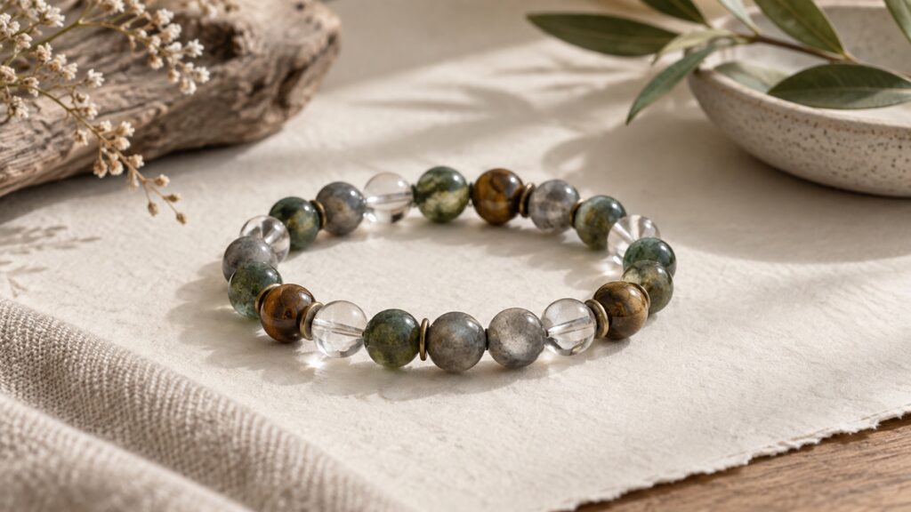 Unisex gemstone bracelet with neutral gray, green, clear, and brown beads