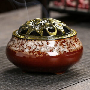 Red Glaze Ceramic Incense Burner with Brass Lid