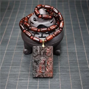 Carved Wood Guan Gong Pendant Necklace
