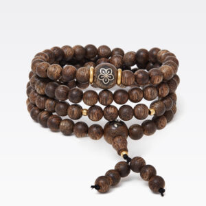 108-Bead Agarwood Mala with Gold Flower Charm